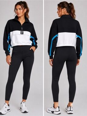 DKNY Sport Colorblock Half Zip Pullover Sweatshirt Black White Blue XS